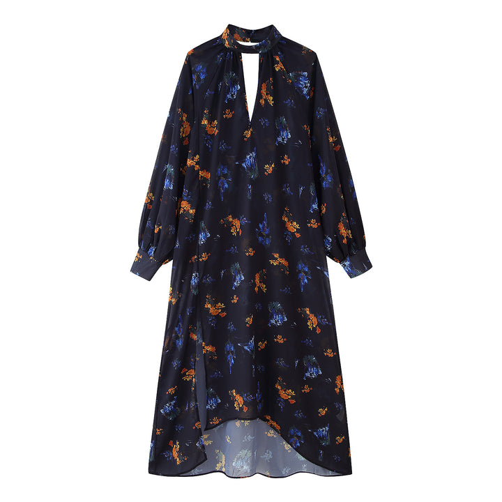 Maxi dress for women with elegant high collar and printed floral design Lune London
