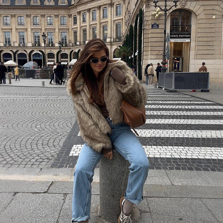 Women's Short Cut Faux-Fur Boxy Coat with Hood and Zip Amarae