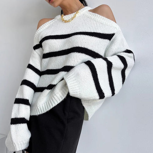 Pull oversized pour femmes avec design d'épaule dénudée et motif rayé Chic & Stil