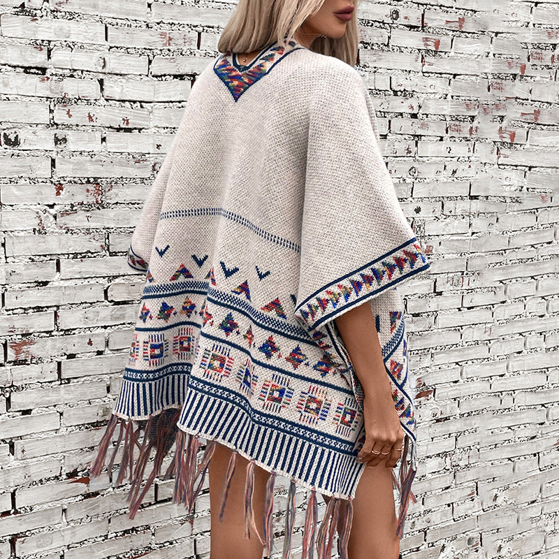 Women elegant poncho with colorful ethnic pattern Lune London