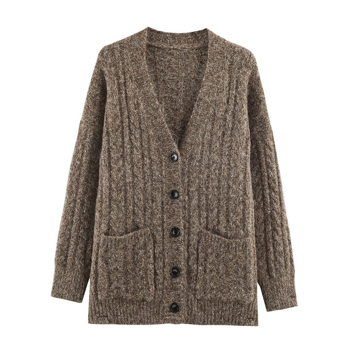 Women Large Knitted Oversize Cardigan with Cable Knit V-Neck and Patch Pockets Amarae