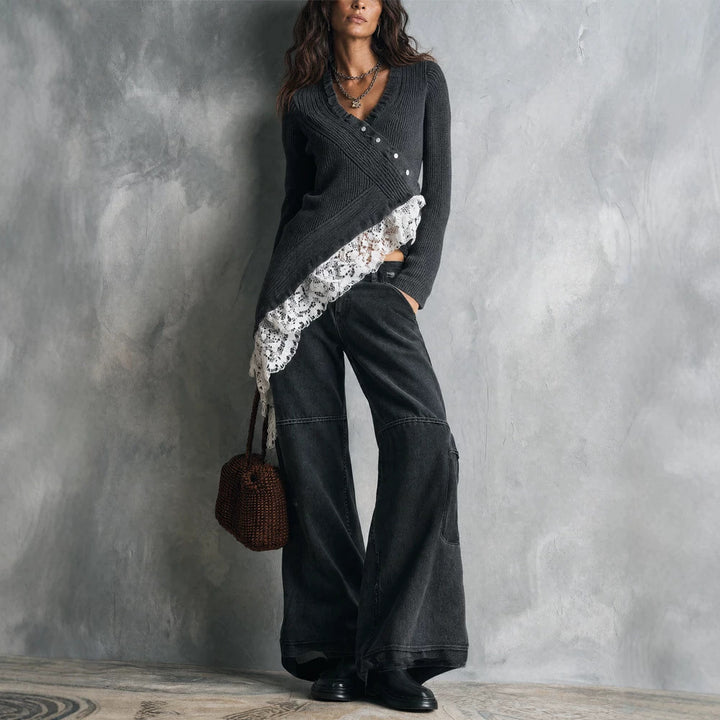 Women's Asymmetrical Knit Cardigan with Lace Trim and Button Placket Amarae