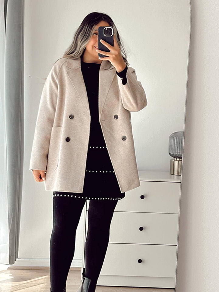 Women's Boxy Wool Blend Cocoon Jacket with Double-Breasted Button Placket and Wide Lapels Amarae