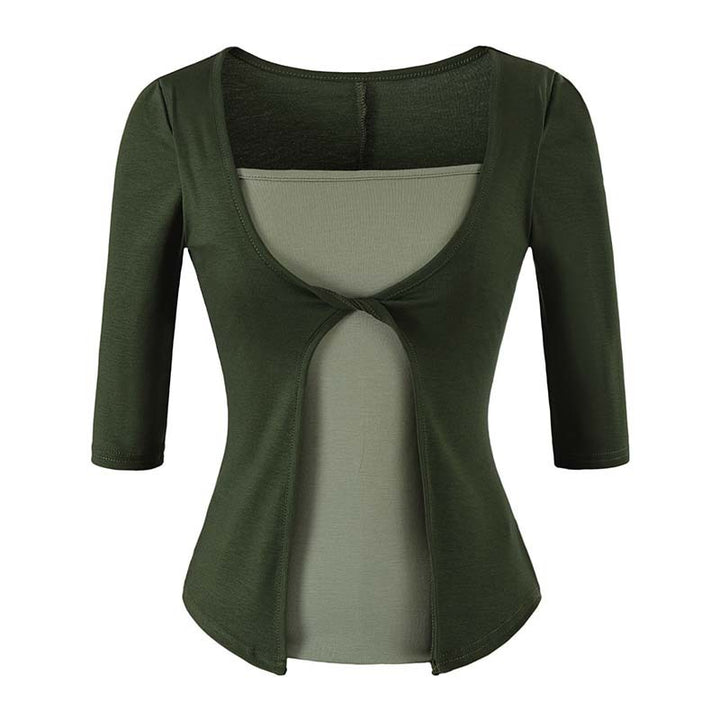 Women Layered Look Shirt with Knot Front, Three-Quarter Sleeves and Integrated Under Top Amarae