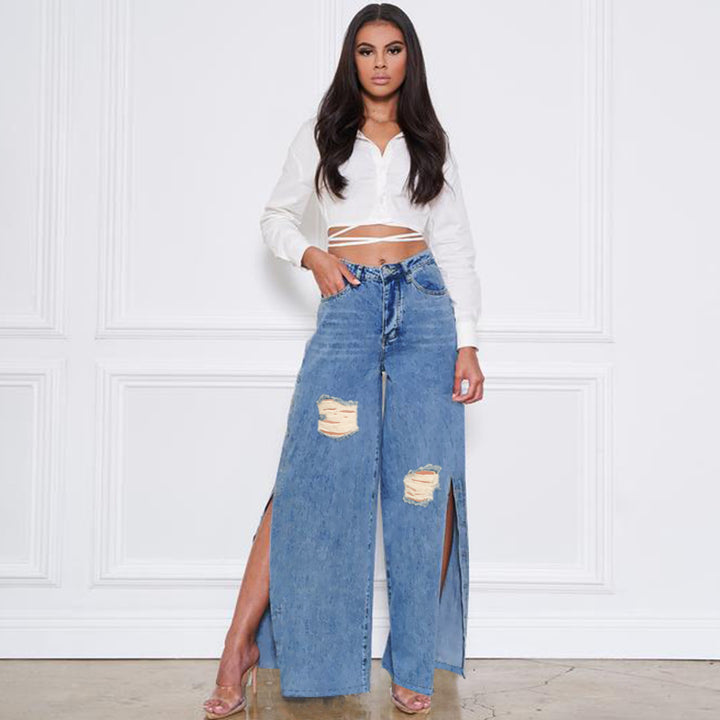 Women's high-cut jeans with wide leg, knee rips, and side leg slits Amarae