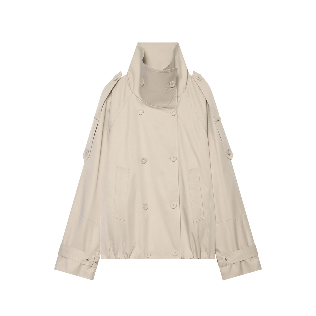 Women's Short Cape Trench with High Funnel Collar and Adjustable Sleeve Straps Amarae