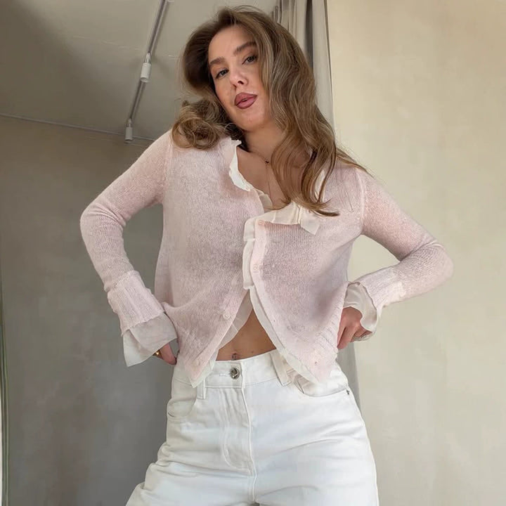 Women's Lightweight Short Mohair-Style Cardigan with V-Neck and Button Placket Amarae