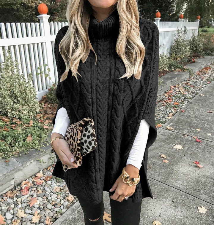 Poncho sweater for women with high neck and classic cable pattern Lune London
