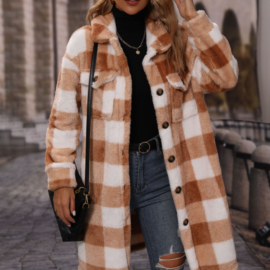 Women Long Plush Coat with Checkered Structure Lune London