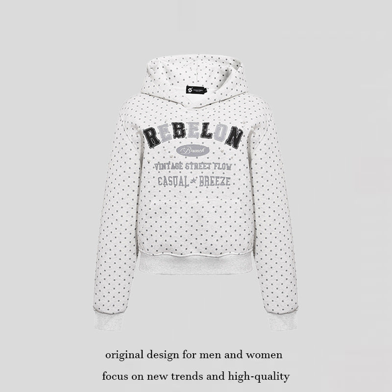 Women's hoodie with polka dot, college print, and ribbed hem Amarae