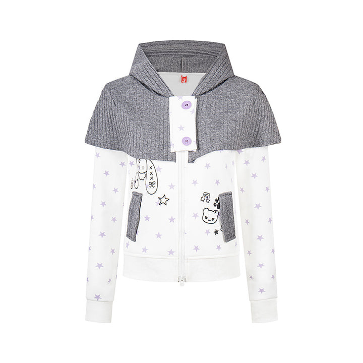 Women's hooded sweatshirt jacket with removable knitted cape, star print and front zipper Amarae