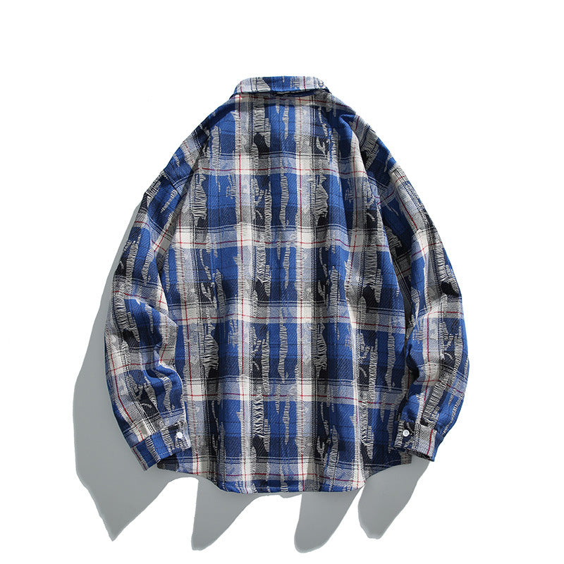 Unisex Oversized Checked Flannel Shirt with Destroyed Details and Chest Pocket Amarae