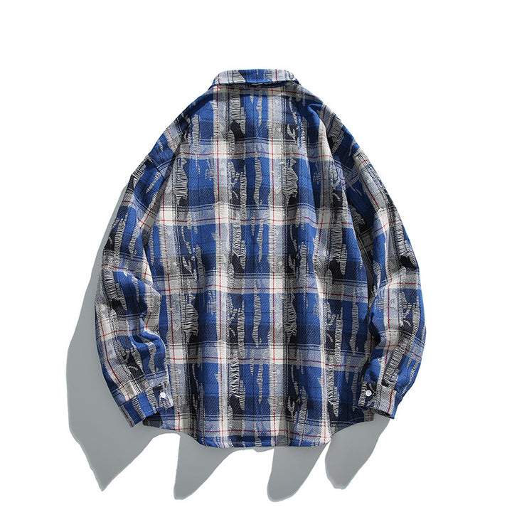 Unisex Oversized Checked Flannel Shirt with Destroyed Details and Chest Pocket Amarae