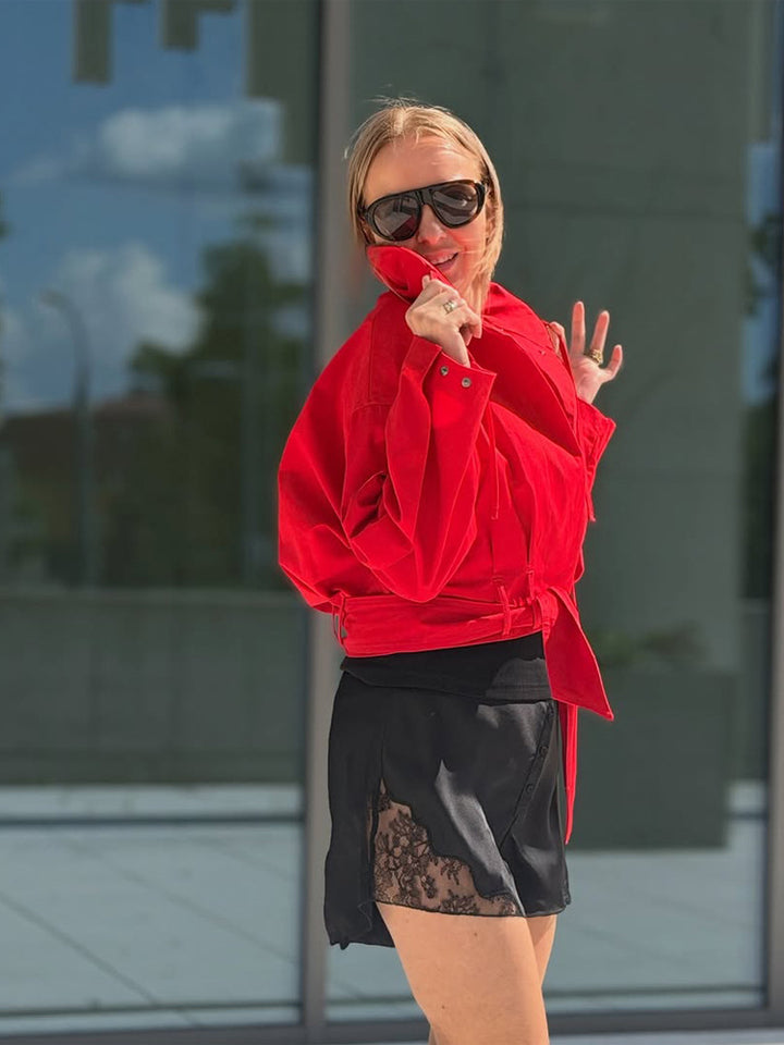 Women's Oversize Short Jacket with Waist Belt and Shirt Collar Amarae