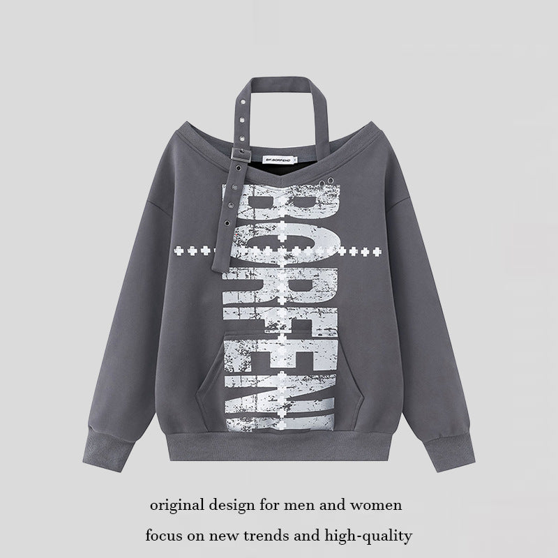 Women's cotton blend sweater with removable neck strap, kangaroo pocket and distressed logo print Amarae