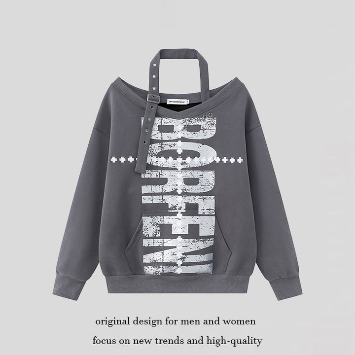 Women's cotton blend sweater with removable neck strap, kangaroo pocket and distressed logo print Amarae