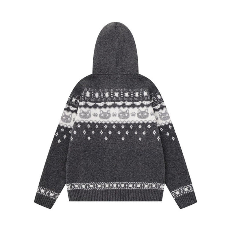 Women's Hooded Knit Jacket with Norwegian Pattern, Double Zip and Kangaroo Pockets Amarae