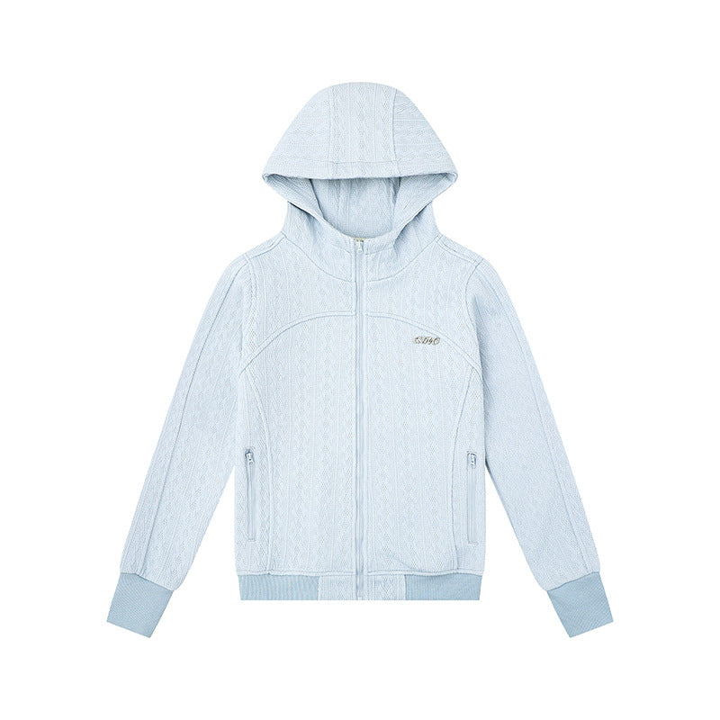 Women's hooded cardigan with cable knit pattern, full zip and side pockets Amarae
