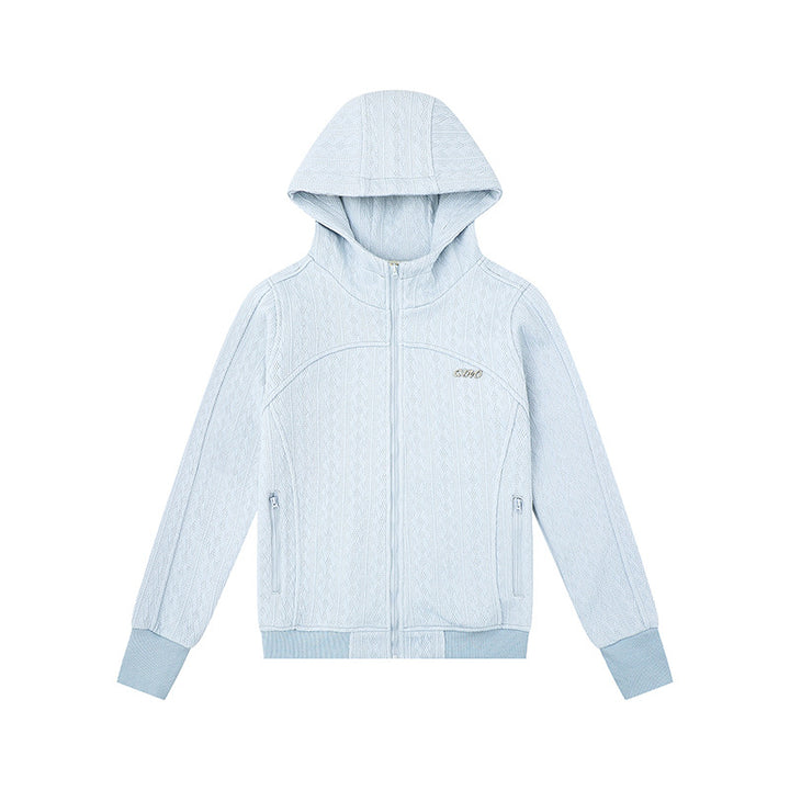 Women's hooded cardigan with cable knit pattern, full zip and side pockets Amarae