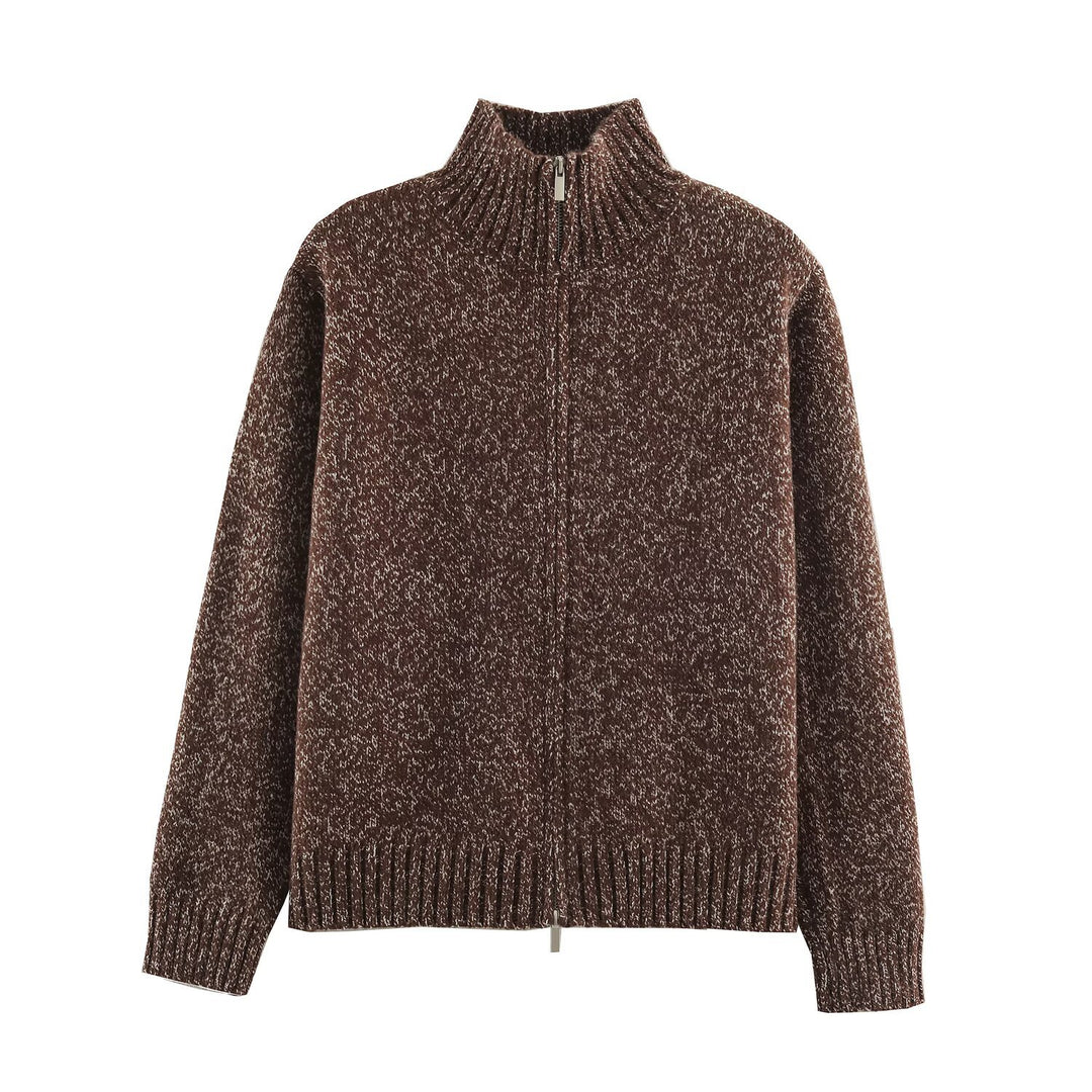 Women's Chunky Knit Zip Sweater with Stand-Up Collar and Ribbed Hem Amarae