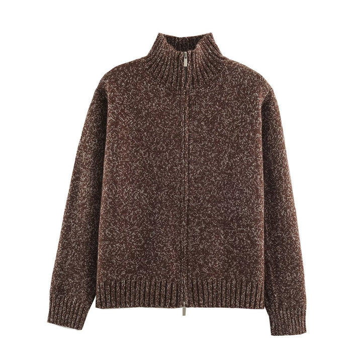 Women's Chunky Knit Zip Sweater with Stand-Up Collar and Ribbed Hem Amarae