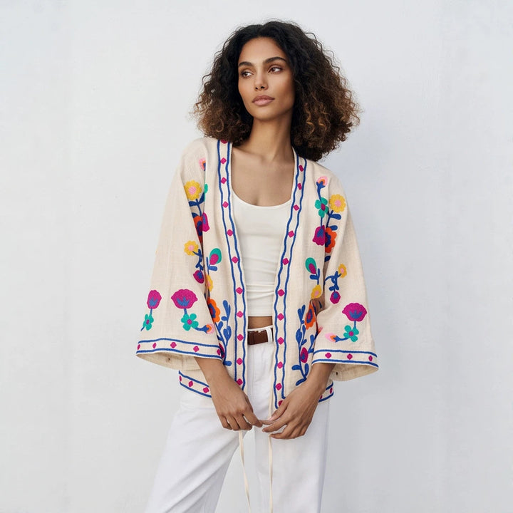 Women embroidered linen wrap jacket with folkloric flower appliqués Amarae