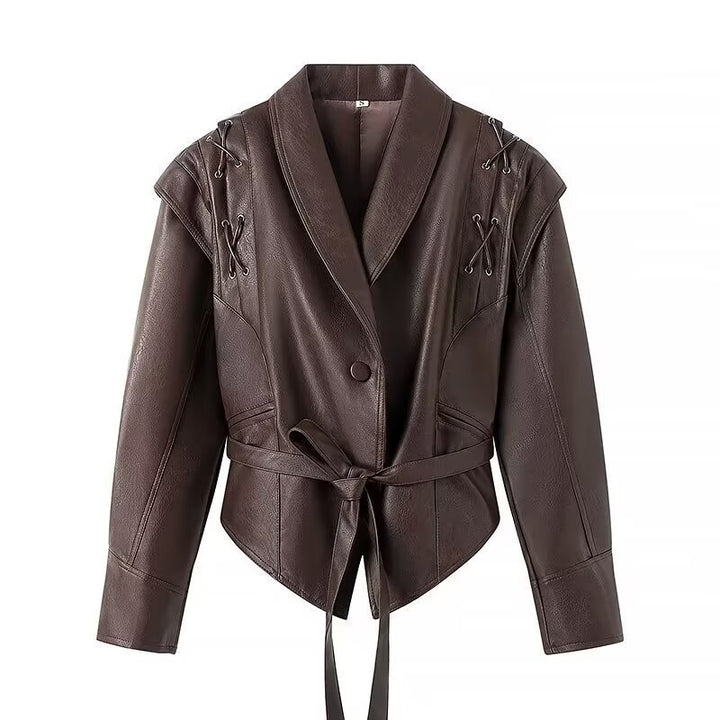 Faux leather jacket for women, tailored, with waterproof finish and asymmetrical collar Lune London