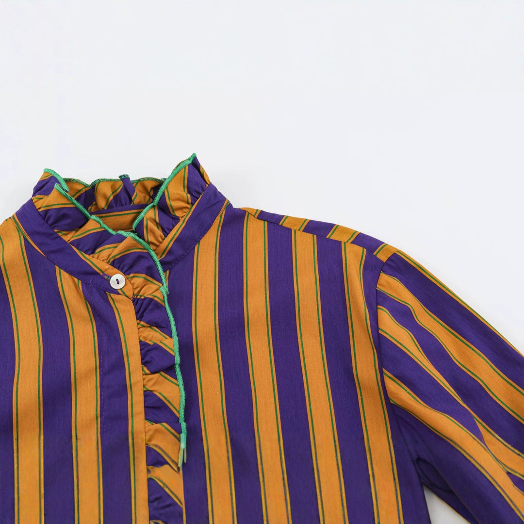 Women's Striped Blouse with Stand-up Collar, Ruffle Trim and Gathered Cuffs Amarae