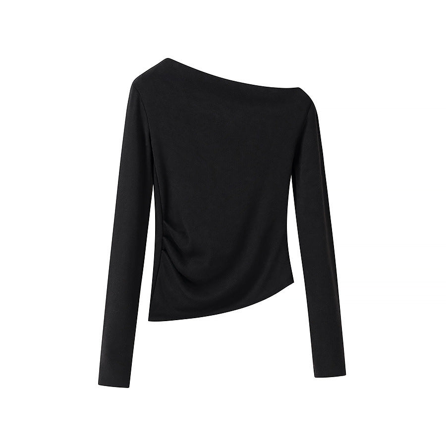 Women’s asymmetrical fine knit top with off-the-shoulder neckline and gathered side panel Amarae