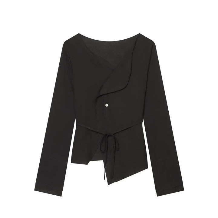Women's wrap blouse with waist tie, asymmetrical hem and gathered edges Amarae
