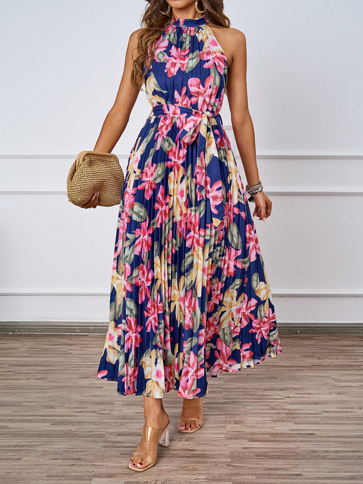 Ladies maxi dress with intricate pleating and stylish tie belt Lune London