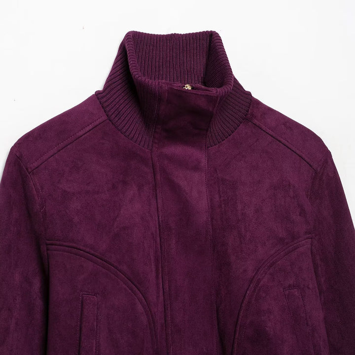 Women Cropped Velvet Jacket in Bomber Style with High Ribbed Collar and Waistband Amarae