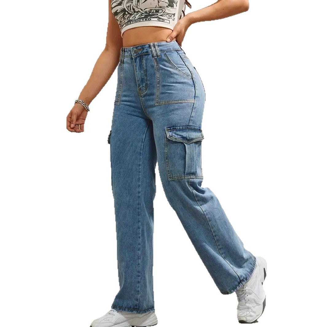 Women high-waisted wide cargo jeans with patch pockets and straight leg Amarae