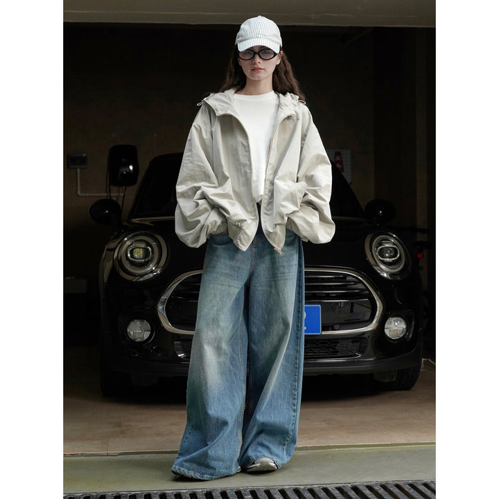 Women's Lightweight Oversized Windbreaker Bomber with Drawstring Hood and Ribbed Hem Amarae