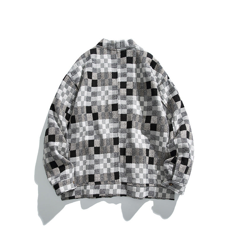 Unisex Boxy Cardigan in Patchwork Check with V-neck, snap front, and patch pockets Amarae