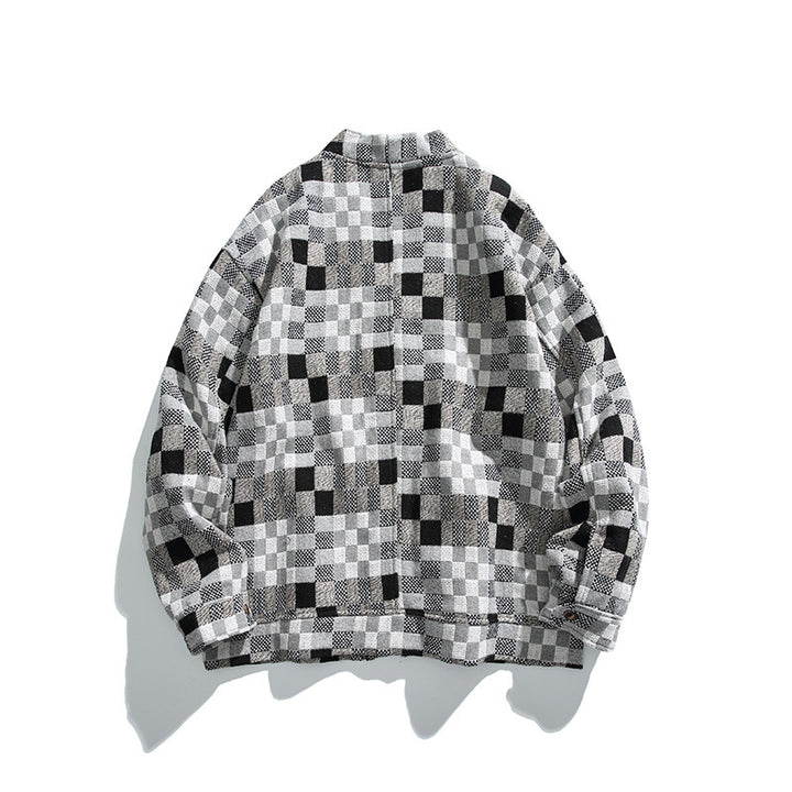 Unisex Boxy Cardigan in Patchwork Check with V-neck, snap front, and patch pockets Amarae