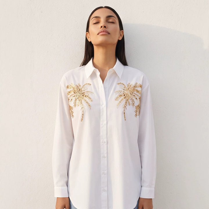Women's shirt blouse with sequin palm appliqué, oversized cut & classic collar Amarae