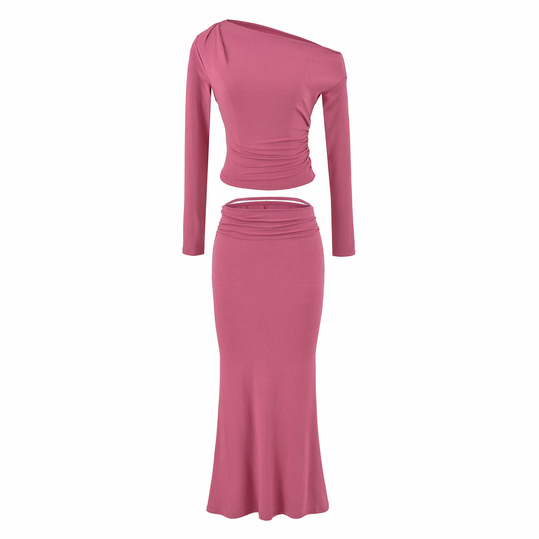 Women's One-Shoulder Two-Piece Set with Ruched Crop Top and Fitted Maxi Skirt Amarae