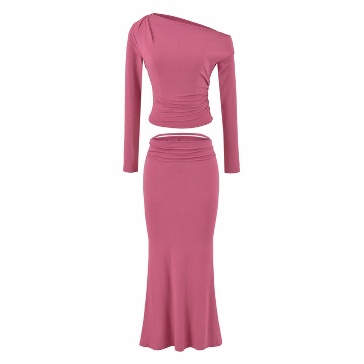 Women's One-Shoulder Two-Piece Set with Ruched Crop Top and Fitted Maxi Skirt Amarae
