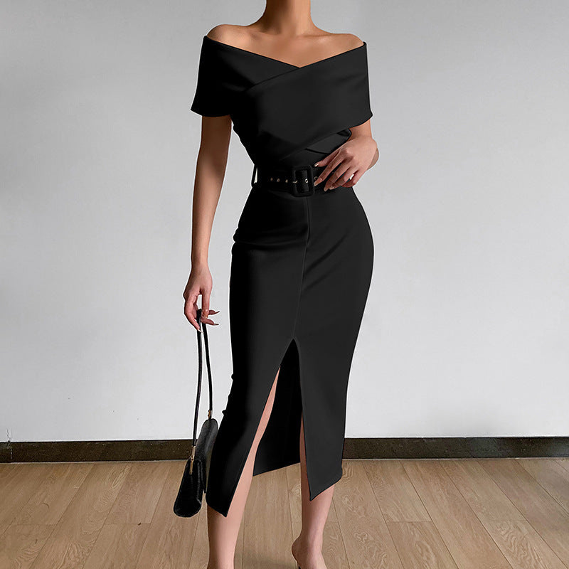 Midi dress for women fitted with bardot neckline and side slit Lune London
