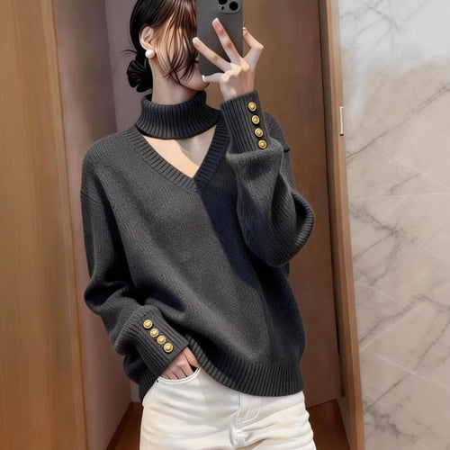 Pull en cachemire de luxe pour femmes avec col roulé et détails de boutons Chic & Stil