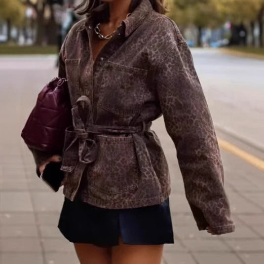 Women's denim jacket with flexible belted waist and animal print Amarae