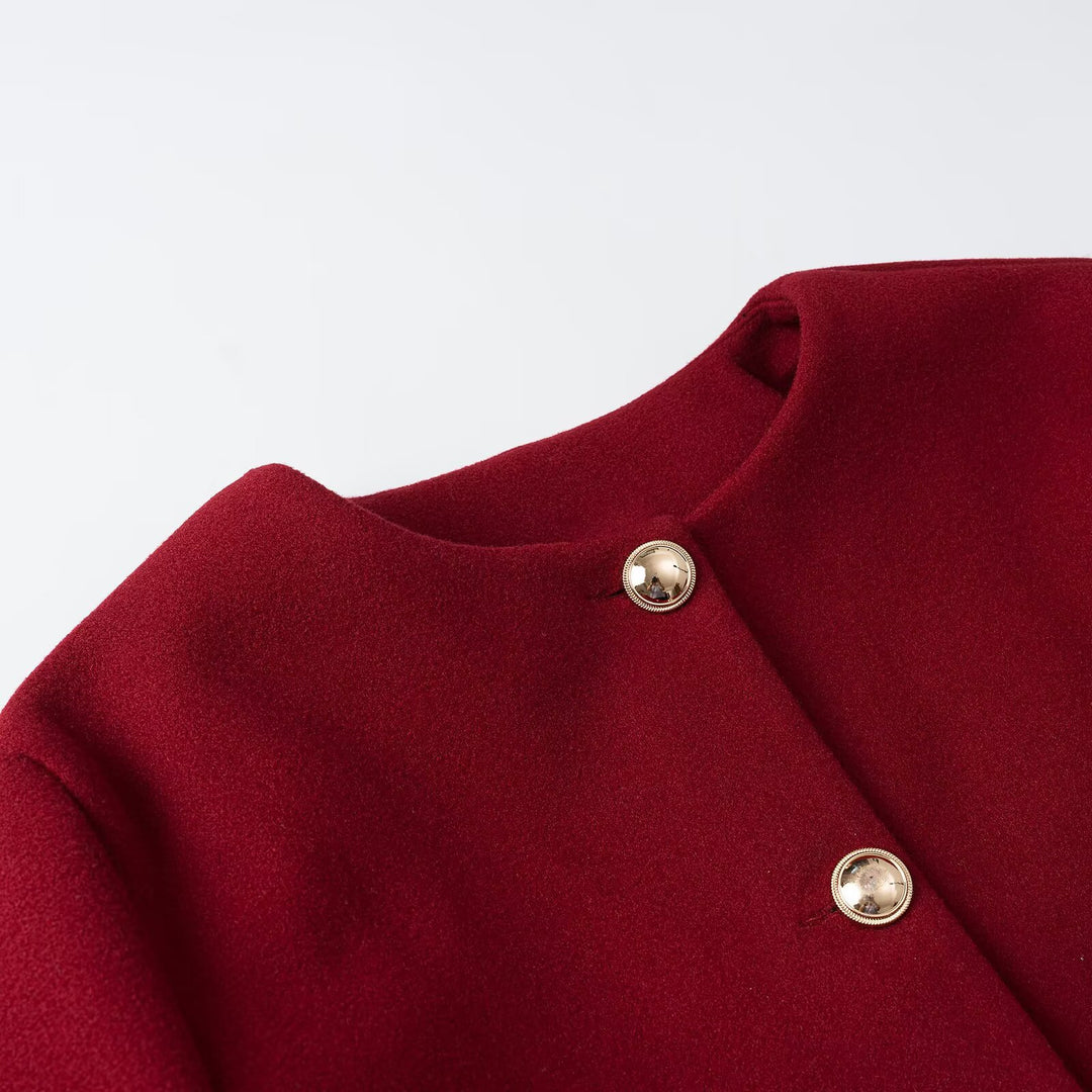 Women's cropped wool blend jacket with round neck, patch pockets and gold decorative buttons Amarae