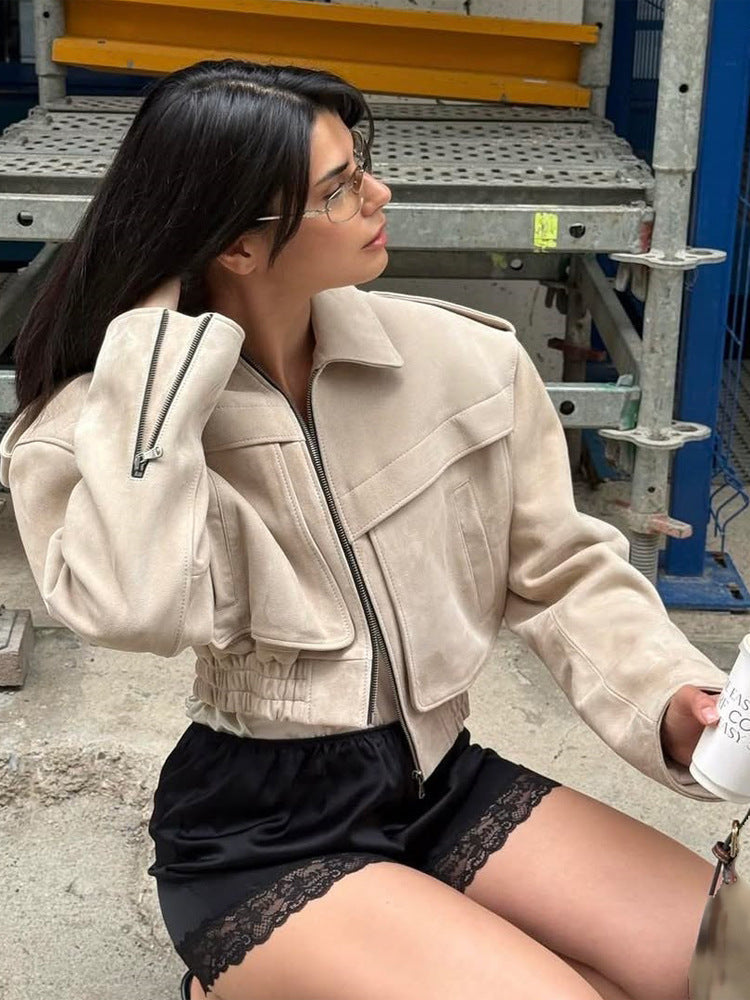 Women short blazer made of suede leather look with oversized shoulder and concealed zipper Amarae