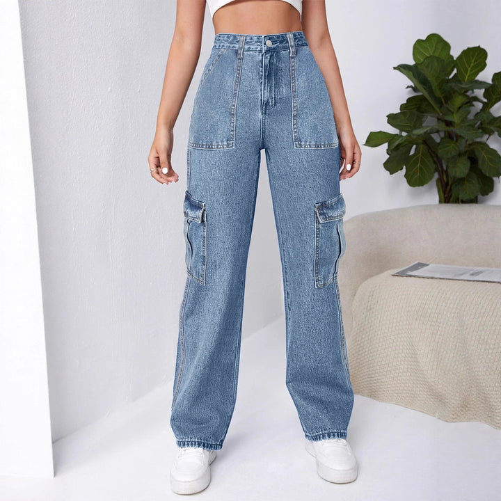 Women High-Waisted Cargo Wide Jeans with Patch Pockets and Elastic Hem Amarae