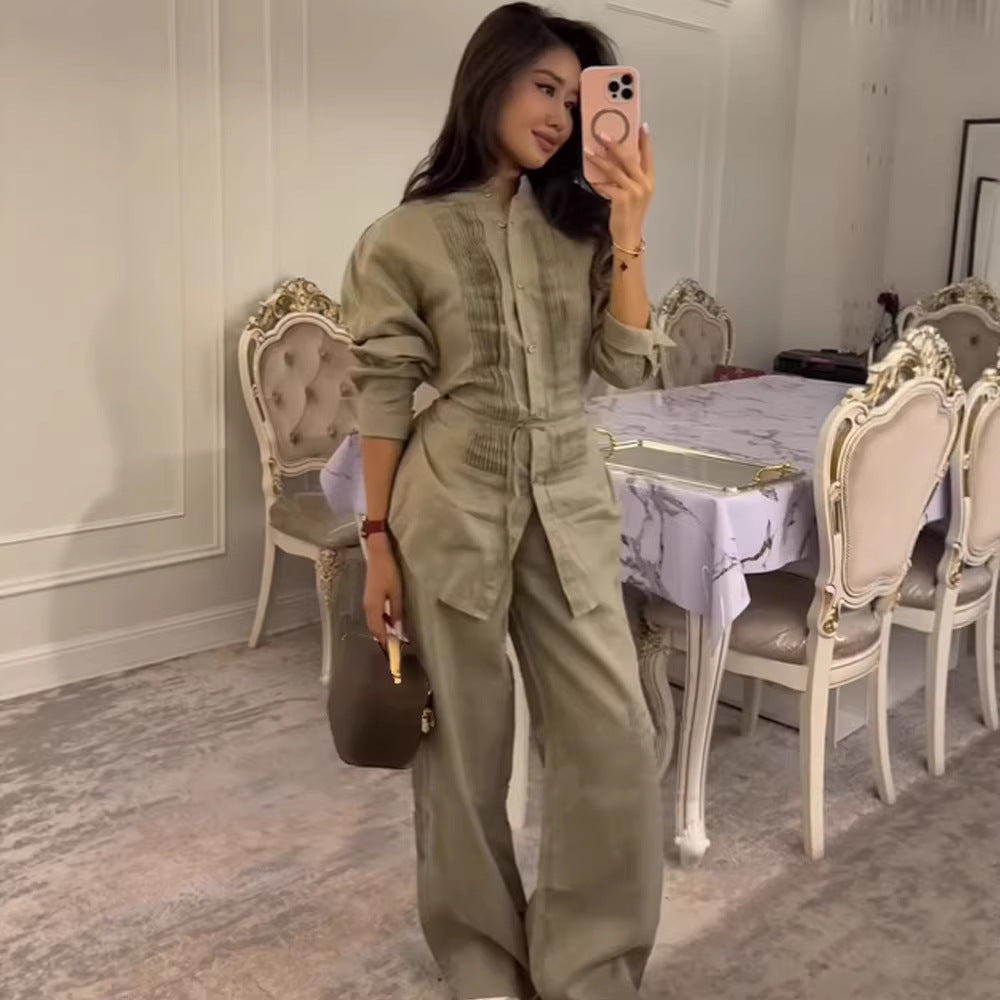Women Long Shirt Blouse with Fine Pleats, Stand Collar and Tied Belt Amarae