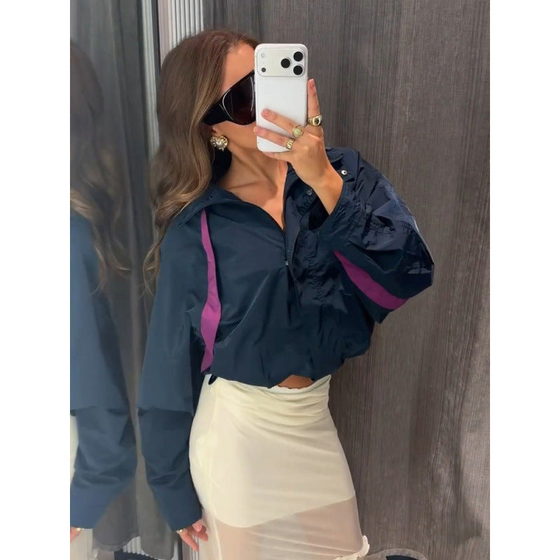Women's Lightweight Oversized Windbreaker with High Stand-Up Collar and Contrast Stripes Amarae