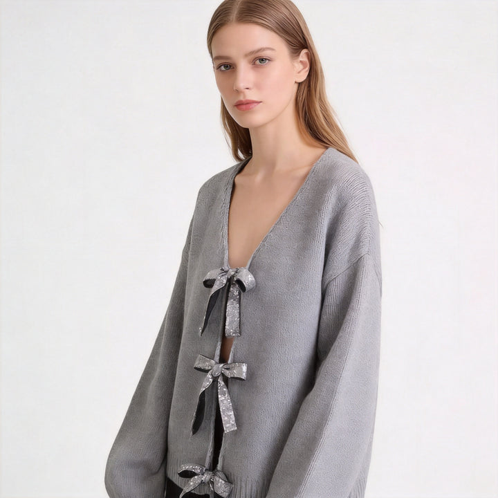 Women's Oversized Knit Cardigan with Deep V-Neck and Decorative Bows Amarae