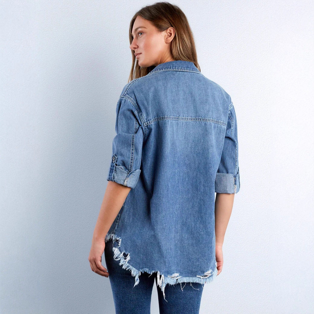 Women's denim blouse with heart appliqué and fringed hem Lune London