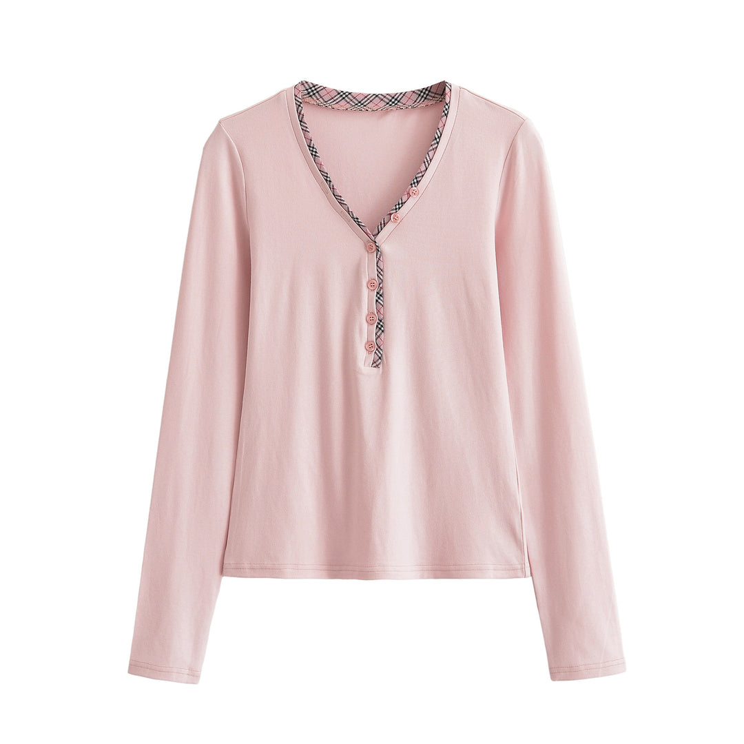 Women's long sleeve shirt with V-neck, button placket and check trim Amarae
